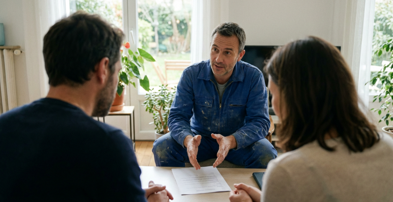 Artisan chauffagiste RGE expliquant un devis à des propriétaires dans leur salon à Cholet