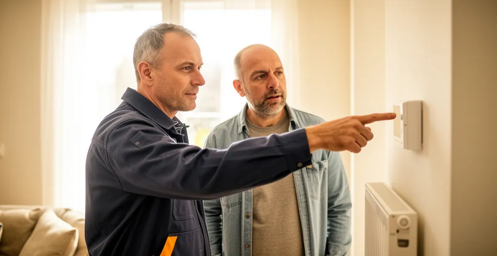 Technicien chauffagiste et propriétaire discutant devant un radiateur dans un salon lumineux