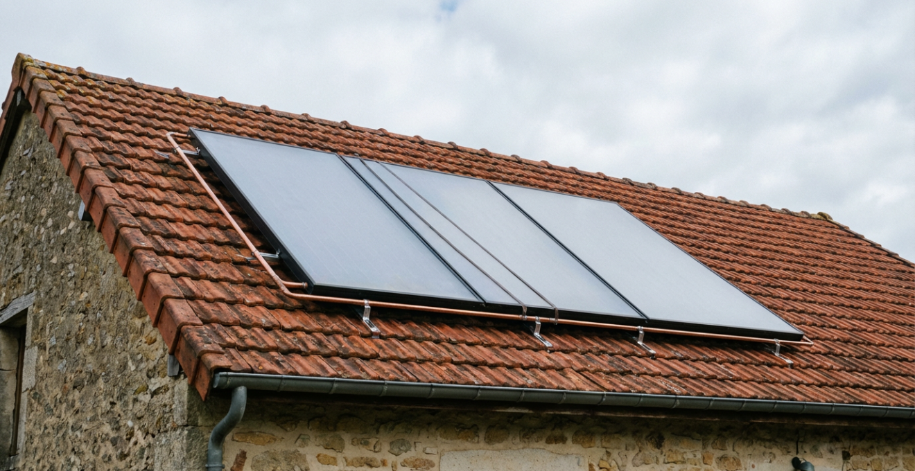 Installation de panneaux solaires thermiques sur toit en tuiles rouges pour chauffe-eau solaire