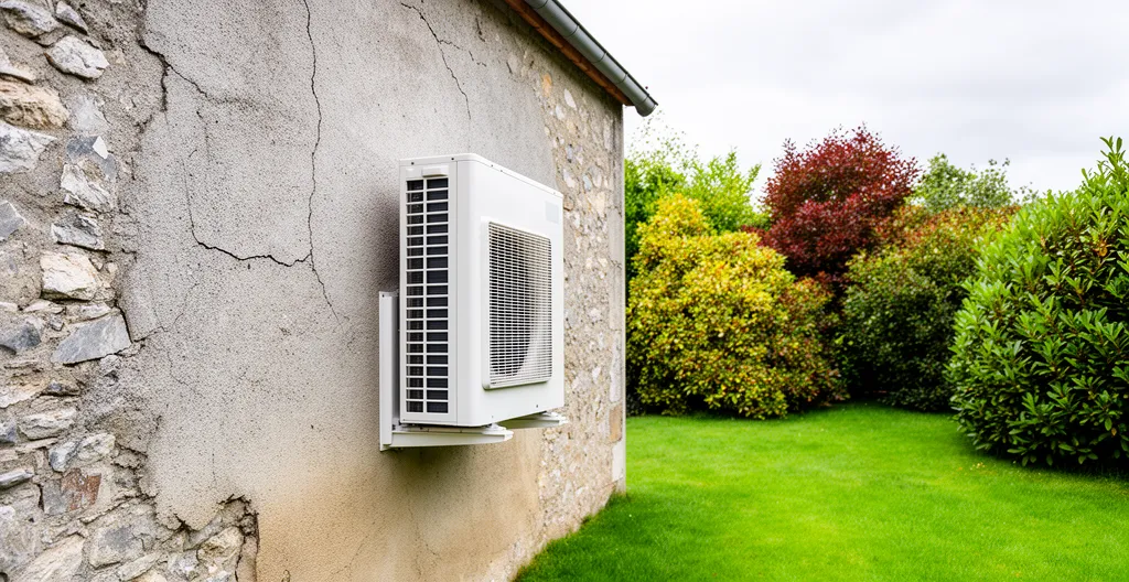 Unité extérieure de pompe à chaleur installée contre le mur d'une maison individuelle