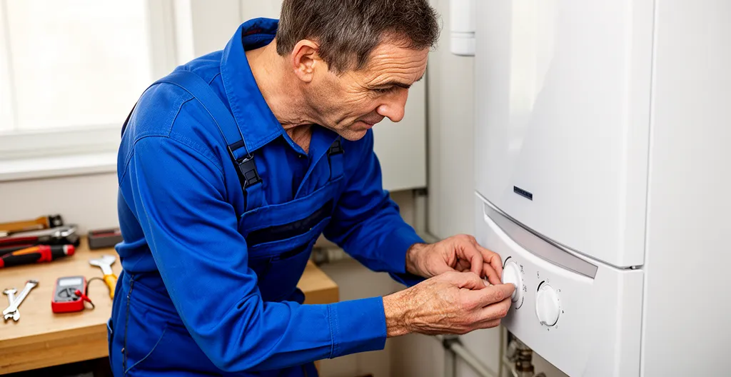 Technicien chauffagiste vérifiant une chaudière murale dans un local technique résidentiel