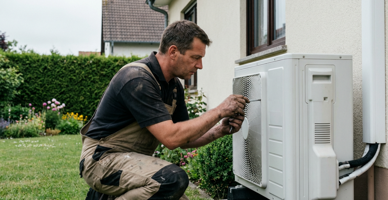 Artisan chauffagiste RGE inspectant une pompe à chaleur air-eau installée dans un jardin pavillonnaire à Cholet