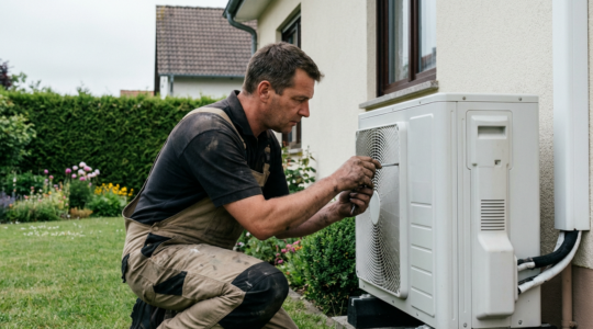 Artisan chauffagiste RGE inspectant une pompe à chaleur air-eau installée dans un jardin pavillonnaire à Cholet