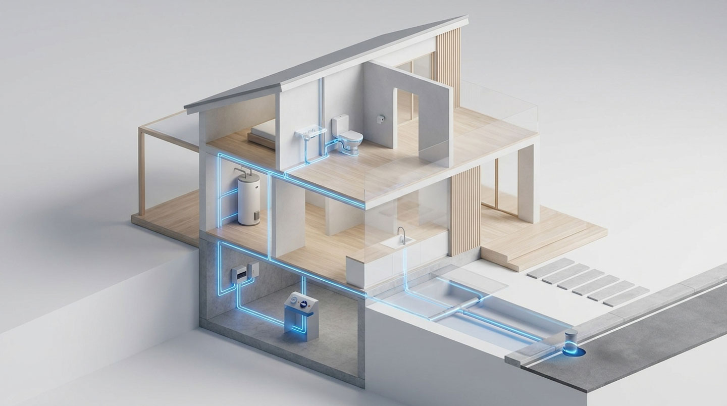 Schéma illustrant les 5 points de fuite d'eau les plus fréquents dans une maison résidentielle.