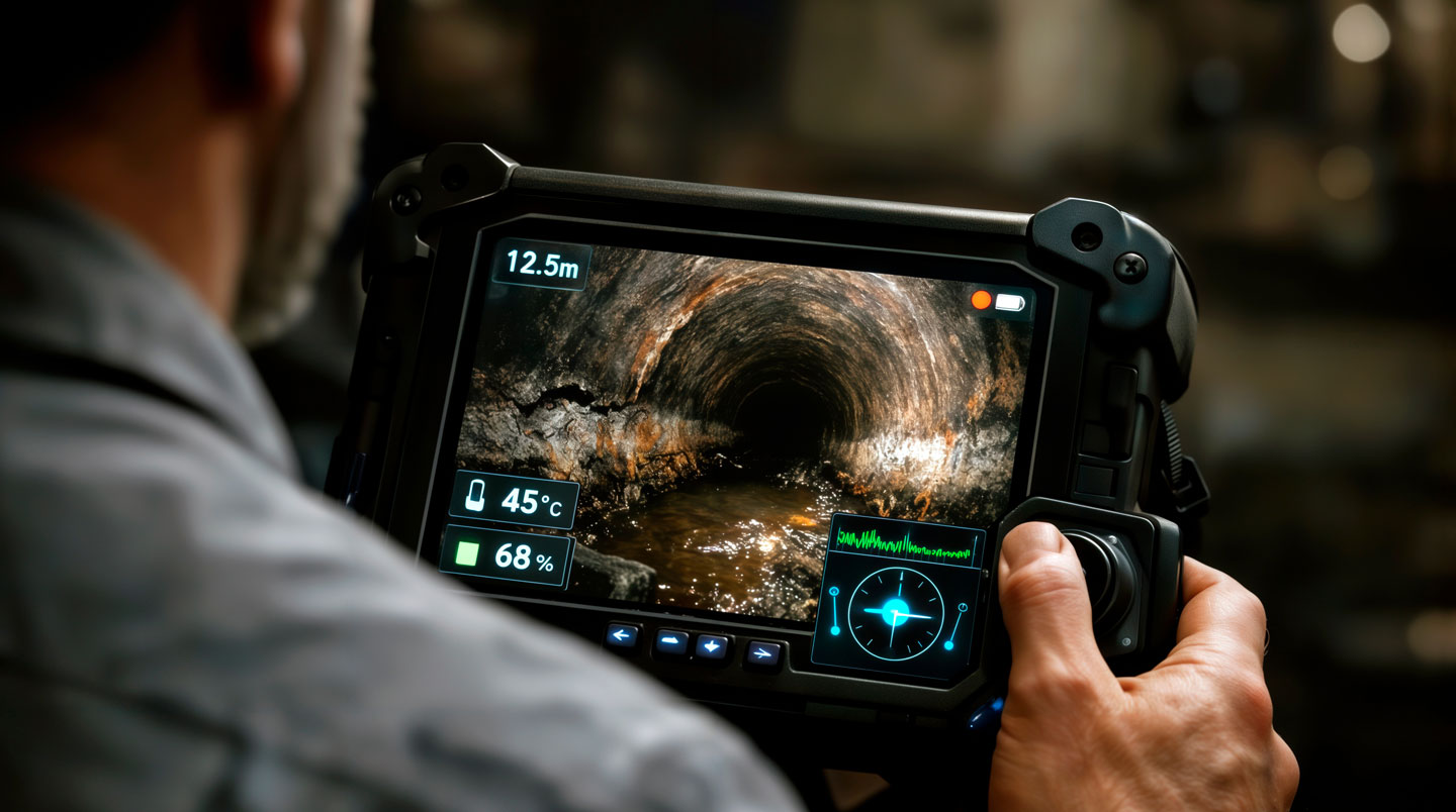 Écran portable de caméra d'inspection HD montrant l'intérieur d'une canalisation en temps réel, manipulé par un technicien lors d'un diagnostic