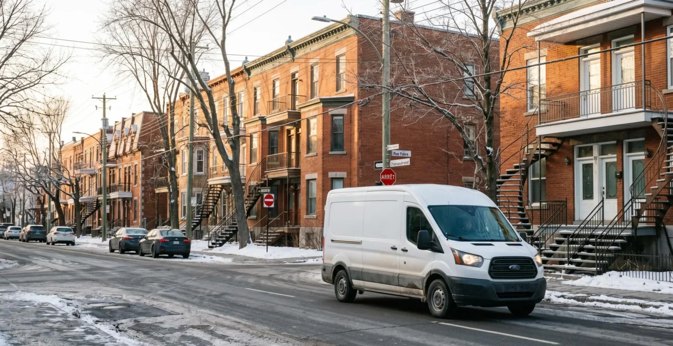 Camionnette de service plomberie circulant dans une rue résidentielle montréalaise typique avec duplex en brique et escaliers extérieurs métalliques