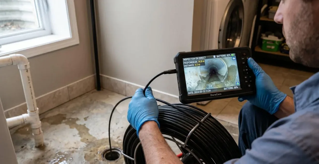Écran portable de caméra d'inspection HD montrant l'intérieur d'une canalisation en temps réel, manipulé par un technicien lors d'un diagnostic