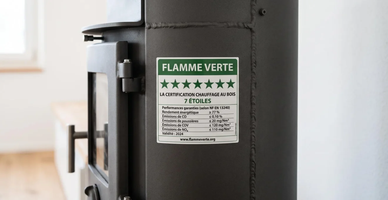 Étiquette officielle Label Flamme Verte 7 étoiles apposée sur un poêle à bois moderne