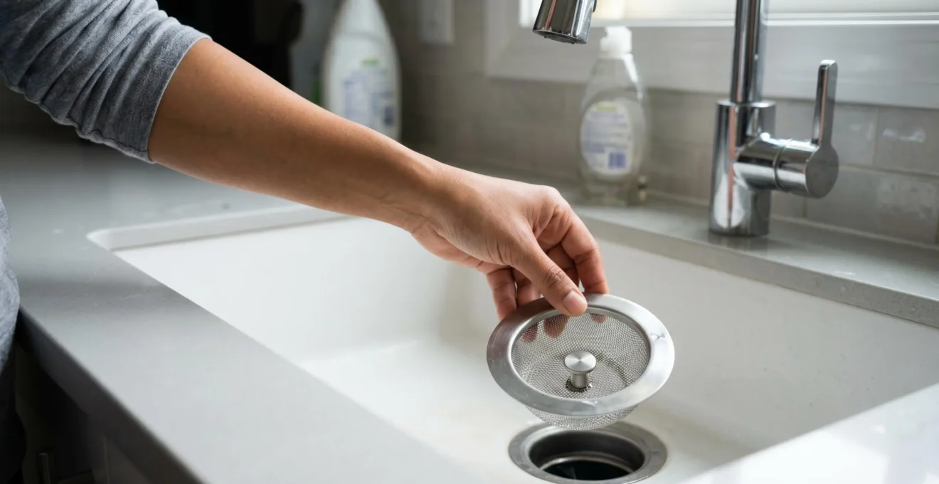 Main installant une grille de protection métallique sur un drain d'évier de cuisine moderne pour prévenir l'accumulation de débris