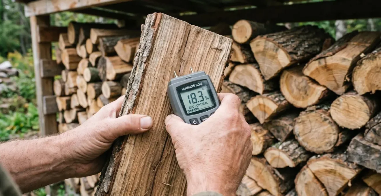 Mesure d'humidité du bois de chauffage avec un humidimètre digital affichant le taux d'humidité