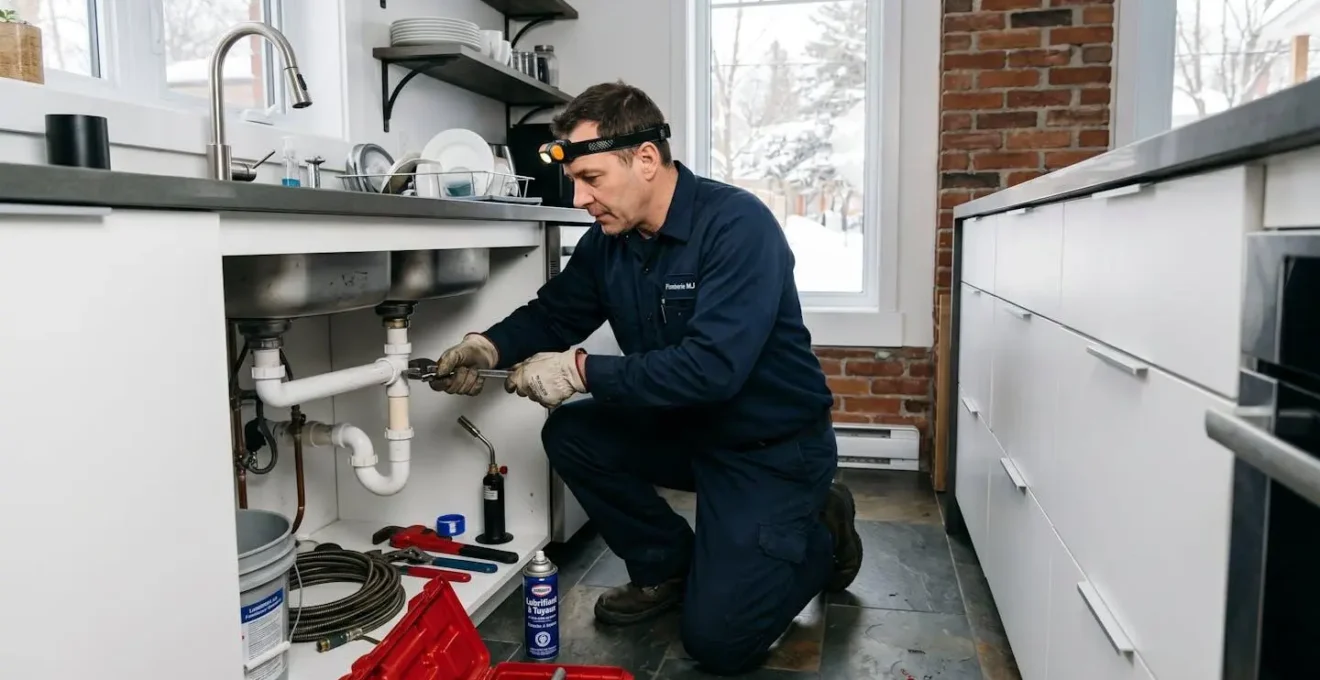Plombier professionnel à genoux sous un évier de cuisine moderne, inspectant une canalisation avec lampe frontale et outils, dans une résidence montréalaise