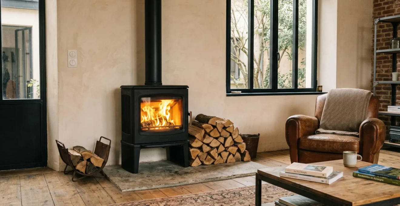 Poêle à bois moderne en fonte noire en fonctionnement dans un salon contemporain avec bois de chauffage empilé et flammes visibles