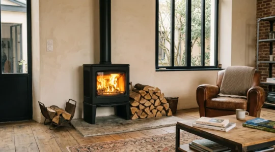 Poêle à bois moderne en fonte noire en fonctionnement dans un salon contemporain avec bois de chauffage empilé et flammes visibles