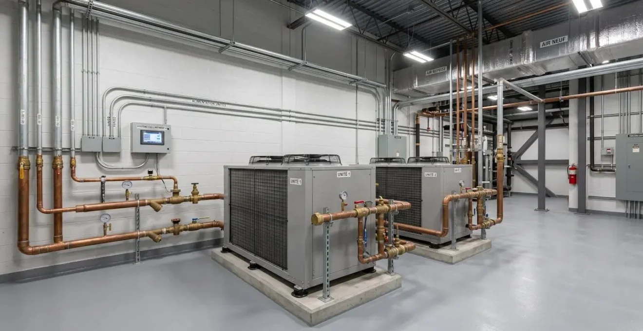 Salle mécanique moderne d'un bâtiment commercial québécois avec deux unités de thermopompe air-eau commerciales, tuyauterie isolée en cuivre et panneau de contrôle numérique affichant les paramètres en français