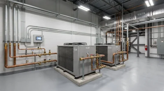 Salle mécanique moderne d'un bâtiment commercial québécois avec deux unités de thermopompe air-eau commerciales, tuyauterie isolée en cuivre et panneau de contrôle numérique affichant les paramètres en français
